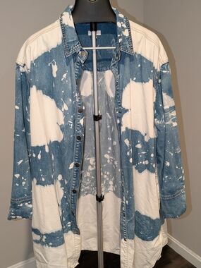 easel Oversized Two-Tone Bleached Denim LONG Tunic Jacket - Blue & White